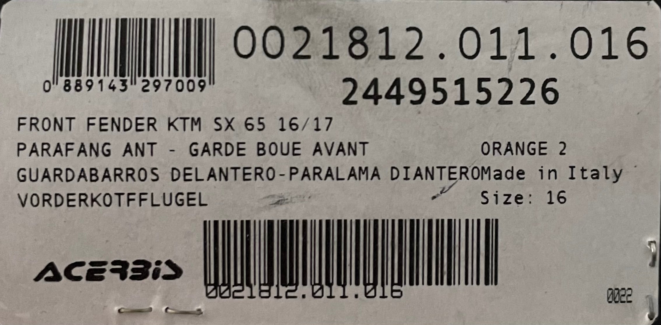 GARAGE SALE -- Front Fender KTM65SX 2016+ Style - Orange - Factory Minibikes
