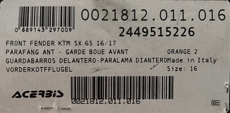GARAGE SALE -- Front Fender KTM65SX 2016+ Style - Orange - Factory Minibikes