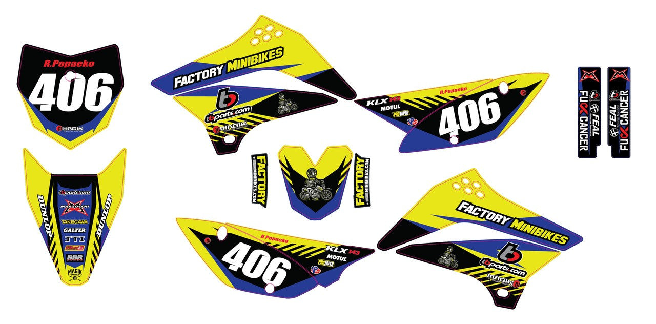 KLX110 Factory Minibikes Custom Graphics Kit w/ Name & Numbers - Factory Minibikes