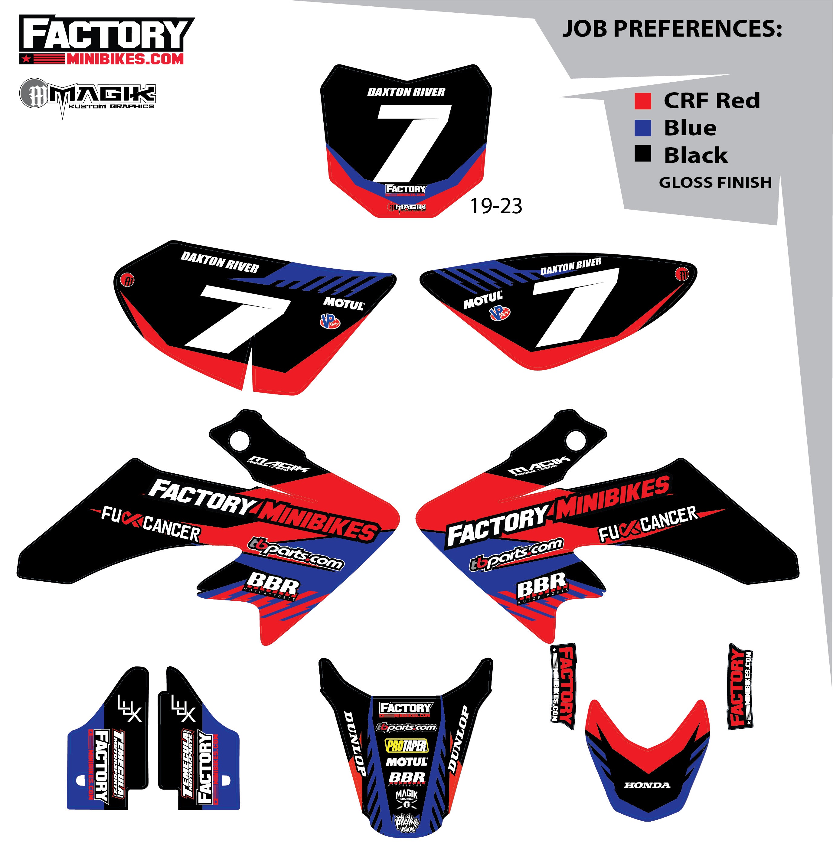 CRF50 Factory Minibikes Custom Graphics Kit w/ Name & Numbers