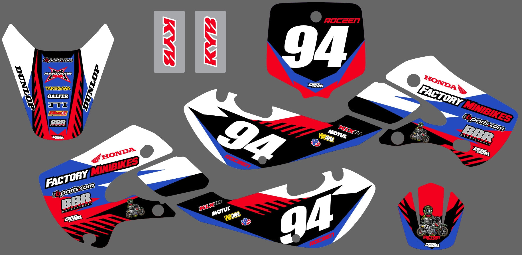 KLX110 Factory Minibikes Custom Graphics Kit w/ Name & Numbers - Factory Minibikes