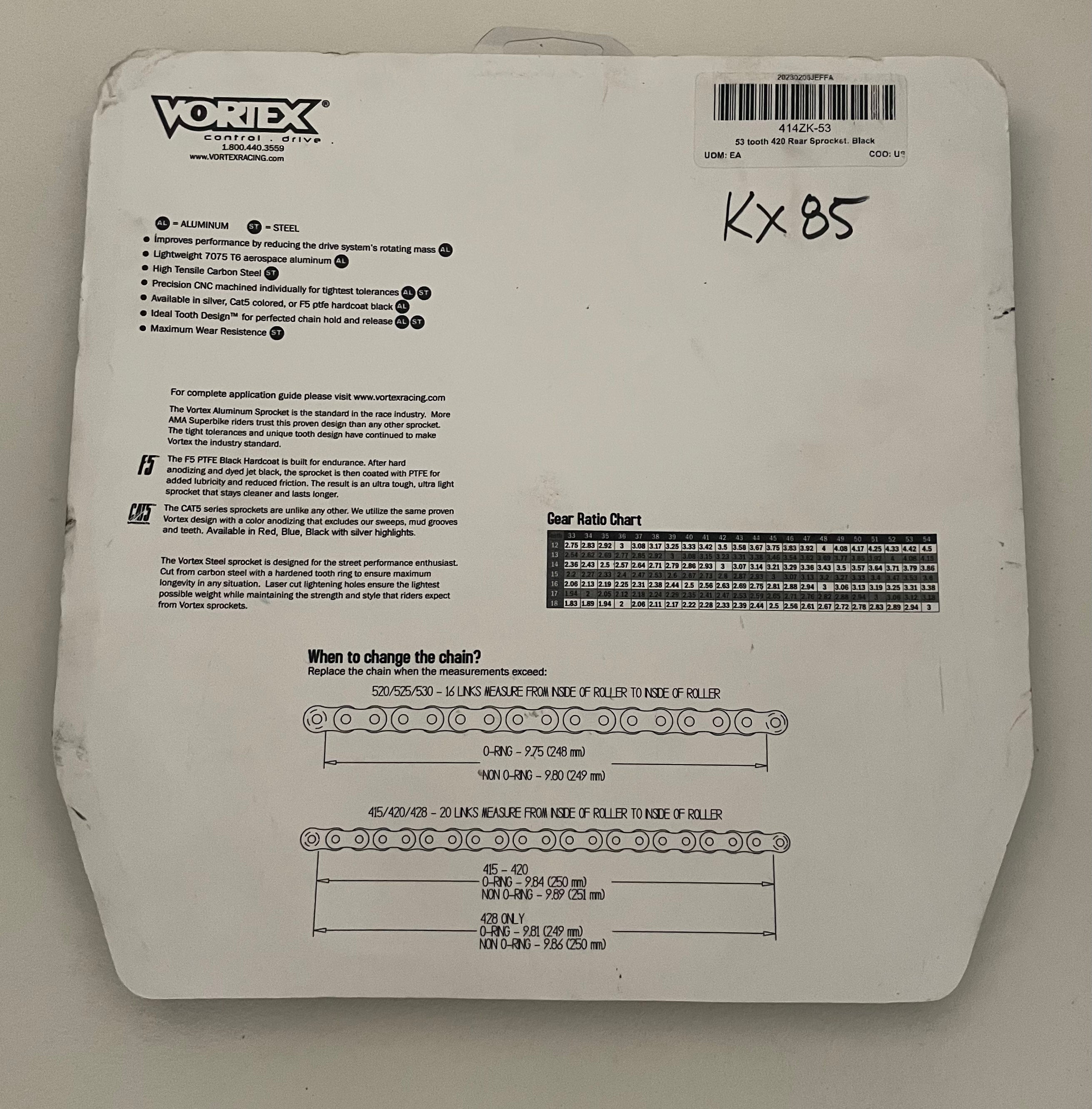GARAGE SALE -- Vortex KX85 Rear Sprocket 53T - Factory Minibikes