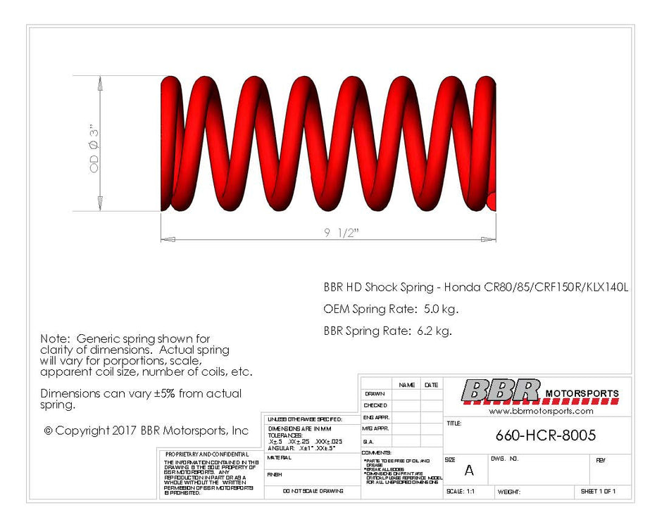 BBR HD Shock Spring - KLX140L / KLX140G / KLX140RL / KLX140RF / KX85