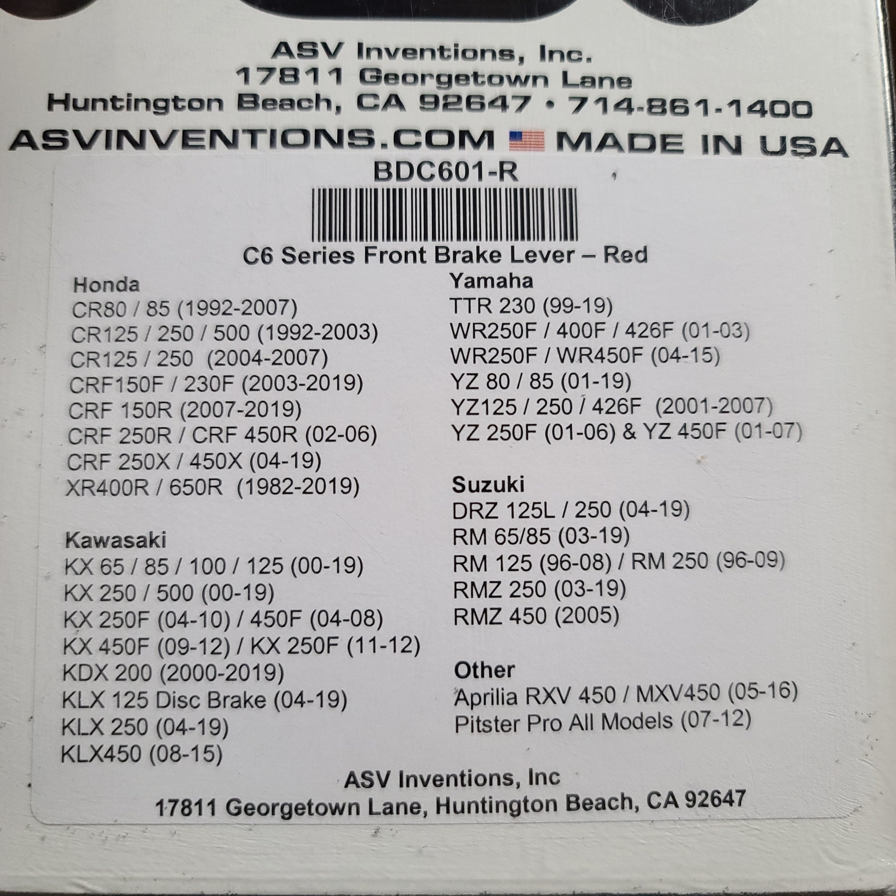 ASV C6 Series Brake Lever - Disc Brake - BDC601 - Factory Minibikes
