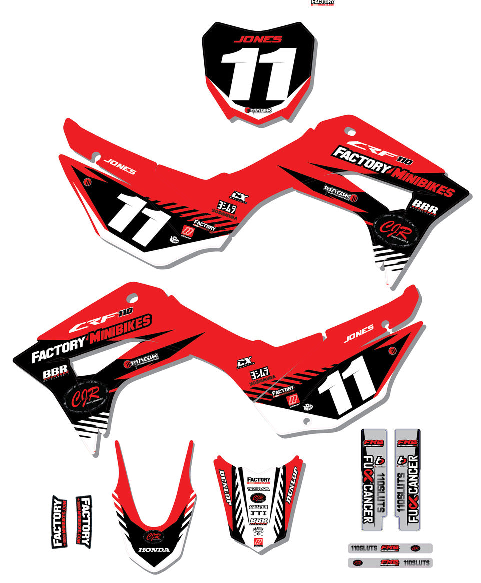 CRF110 Factory Minibikes Custom Graphics Kit w/ Name & Numbers