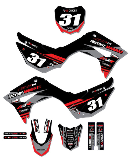 CRF110 Factory Minibikes Custom Graphics Kit w/ Name & Numbers - Factory Minibikes