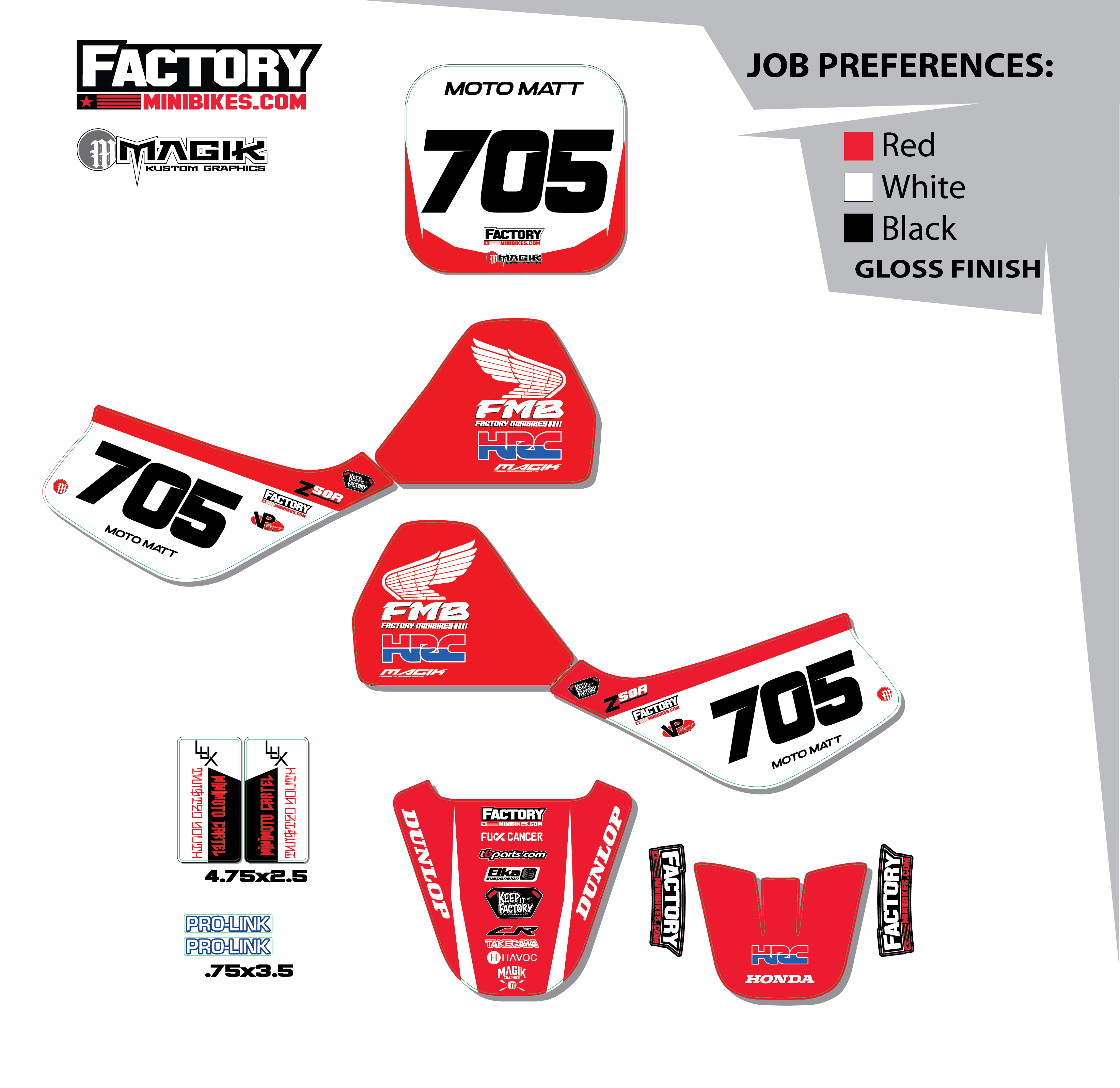 Z50 Factory Minibikes Custom Graphics Kit w/ Name & Numbers - Factory Minibikes
